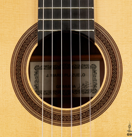 The rosette of a 2021 Jose Marin Plazuelo "Bouchet" classical guitar made with spruce and CSA rosewood