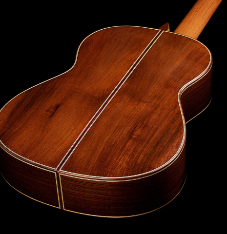 The back and sides of a 2024 Jose Marin Plazuelo "Bouchet" classical guitar made of spruce and CSA rosewood