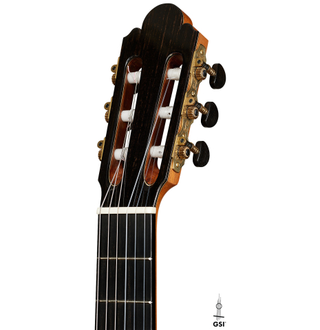 The headstock of a 2024 Jose Marin Plazuelo "Bouchet" classical guitar made of spruce and CSA rosewood