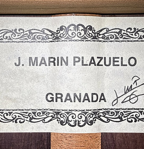 The label of a 2024 Jose Marin Plazuelo "Bouchet" classical guitar made of spruce and CSA rosewood