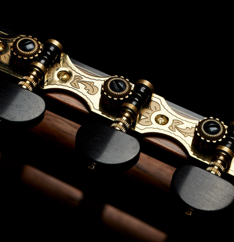 The headstock and tuning machines of a 2024 Jose Marin Plazuelo "Bouchet" classical guitar made of spruce and CSA rosewood