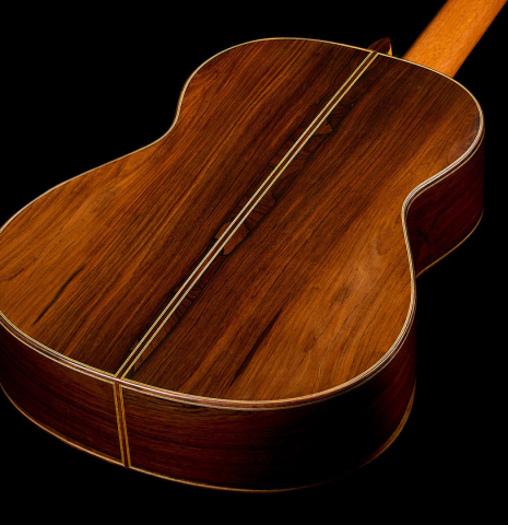 The back and sides of a 1999 Jose Marin Plazuelo "Bouchet" classical guitar made of spruce and CSA rosewood