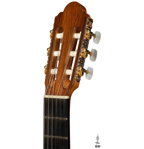 The headstock of a 1999 Jose Marin Plazuelo "Bouchet" classical guitar made of spruce and CSA rosewood