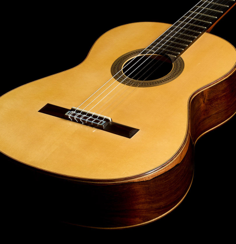 The soundboard and sides of a 1999 Jose Marin Plazuelo "Bouchet" classical guitar made of spruce and CSA rosewood