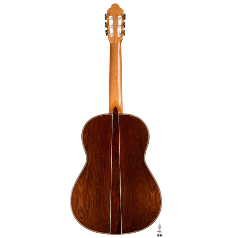 The back of a 2005 Jose Marin Plazuelo "Bouchet" classical guitar made of spruce and CSA rosewood