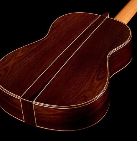 The back and sides of a 2005 Jose Marin Plazuelo "Bouchet" classical guitar made of spruce and CSA rosewood