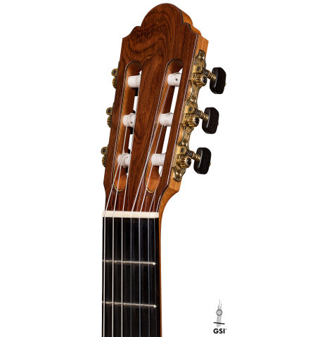 The headstock of a 2005 Jose Marin Plazuelo "Bouchet" classical guitar made of spruce and CSA rosewood