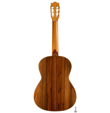 The back of a 1987 Richard Prenkert classical guitar made of spruce and CSA rosewood