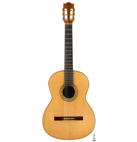 The front of a 1987 Richard Prenkert classical guitar made of spruce and CSA rosewood