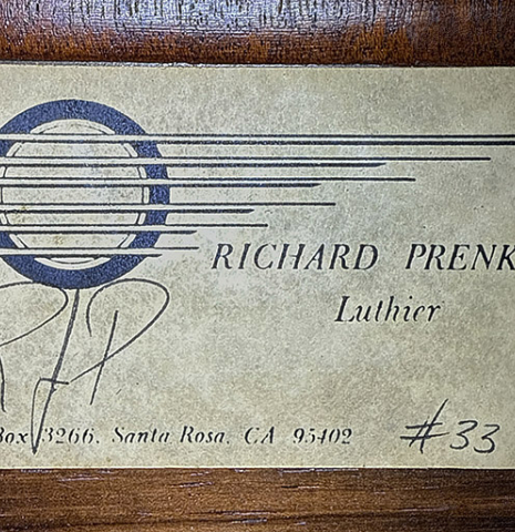 The label of a 1987 Richard Prenkert classical guitar made of spruce and CSA rosewood
