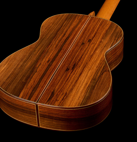 The back and sides of a 1987 Richard Prenkert classical guitar made of spruce and CSA rosewood