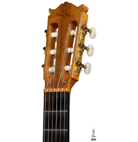 The headstock of a 1987 Richard Prenkert classical guitar made of spruce and CSA rosewood