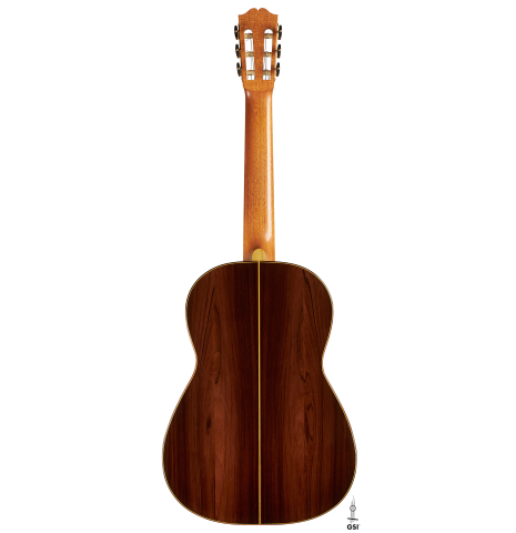 The back of a 2024 Jake Fuller "Purnell" classical guitar made of spruce and CSA rosewood