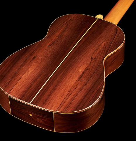 The back and sides of a 2024 Jake Fuller "Purnell" classical guitar made of spruce and CSA rosewood