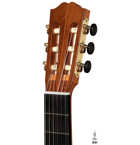 The headstock of a 2024 Jake Fuller "Purnell" classical guitar made of spruce and CSA rosewood