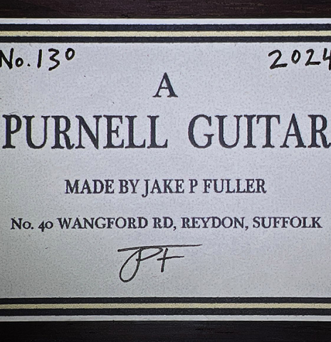 The label of a 2024 Jake Fuller "Purnell" classical guitar made of spruce and CSA rosewood