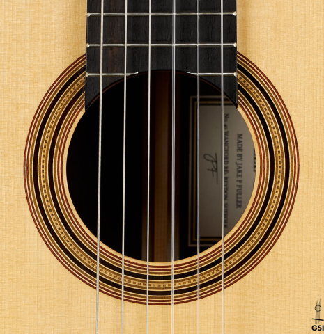The rosette of a 2024 Jake Fuller "Purnell" classical guitar made of spruce and CSA rosewood