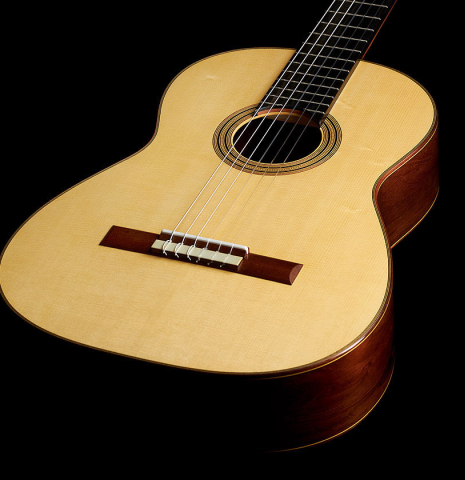 The soundboard of a 2024 Jake Fuller "Purnell" classical guitar made of spruce and CSA rosewood