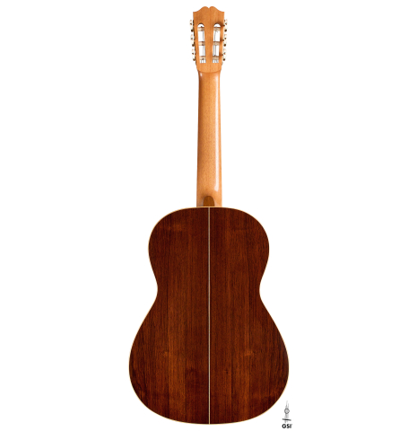 The headstock of a 2022 Jake Fuller "Purnell" classical guitar made of spruce and Honduran rosewood