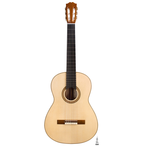 The front of a 2022 Jake Fuller "Purnell" classical guitar made of spruce and Honduran rosewood