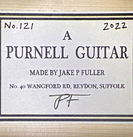The label of a 2022 Jake Fuller "Purnell" classical guitar made of spruce and Honduran rosewood