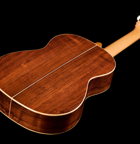 The back of a 2022 Jake Fuller "Purnell" classical guitar made of spruce and Honduran rosewood