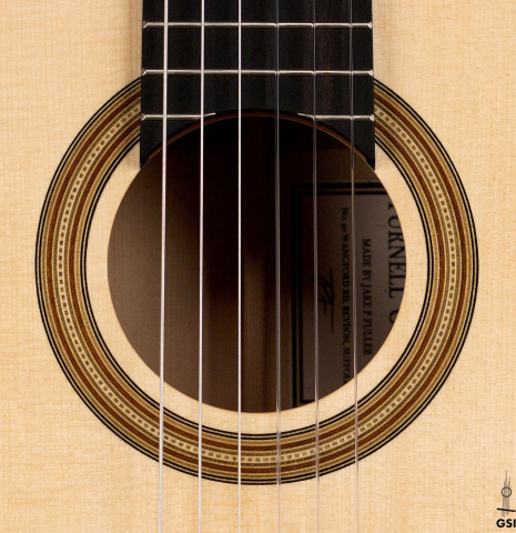 The rosette of a 2022 Jake Fuller "Purnell" classical guitar made of spruce and Honduran rosewood