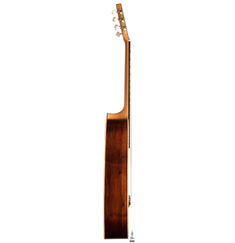 The side of a 2022 Jake Fuller &quot;Purnell&quot; classical guitar made of spruce and Honduran rosewood