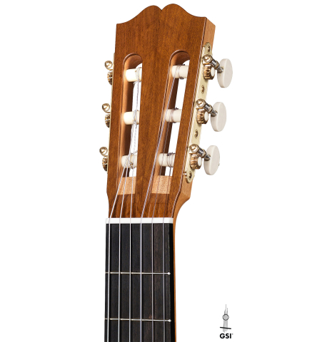 The headstock and machine heads of a 2022 Jake Fuller "Purnell" classical guitar made of spruce and Honduran rosewood
