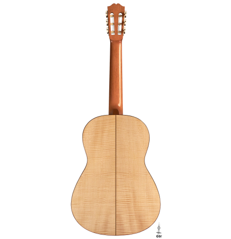 The back of a 2023 Jake Fuller "Purnell" classical guitar made with spruce and maple.