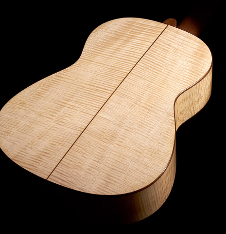 The back of a 2023 Jake Fuller "Purnell" classical guitar made with spruce and maple.
