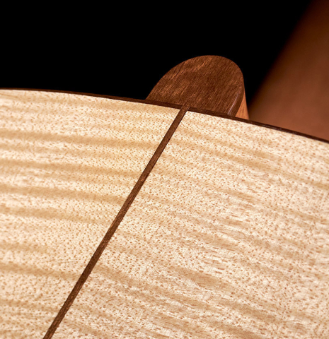 The heel of a 2023 Jake Fuller "Purnell" classical guitar made with spruce and maple.