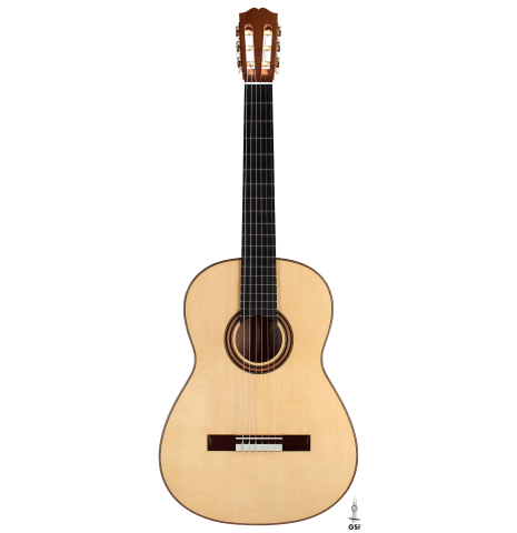 The front of a 2023 Jake Fuller "Purnell" classical guitar made with spruce and maple.