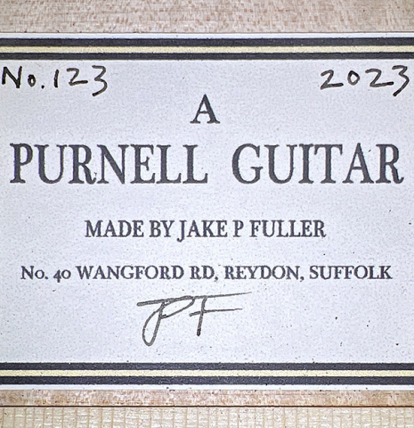 The label of a 2023 Jake Fuller "Purnell" classical guitar made with spruce and maple.