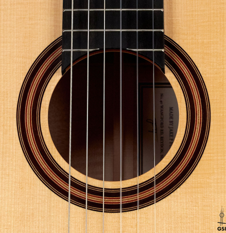 The rosette of a 2023 Jake Fuller "Purnell" classical guitar made with spruce and maple.