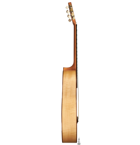 The side of a 2023 Jake Fuller "Purnell" classical guitar made with spruce and maple.
