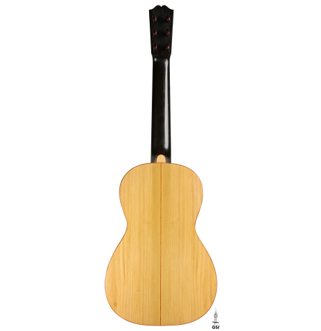 The back of a 2023 Jake Fuller "Purnell" w/pegs "Torres" classical guitar made of spruce and tulipwood