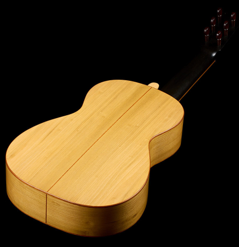 The back and sides of a 2023 Jake Fuller "Purnell" w/pegs "Torres" classical guitar made of spruce and tulipwood