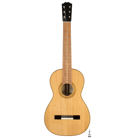 The front of a 2023 Jake Fuller "Purnell" w/pegs "Torres" classical guitar made of spruce and tulipwood