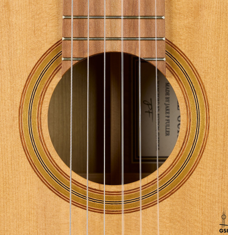 The rosette of a 2023 Jake Fuller "Purnell" w/pegs "Torres" classical guitar made of spruce and tulipwood
