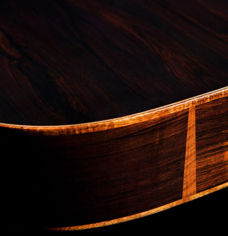 The back and sides of a 2009 Fabio Ragghianti classical guitar made of spruce and CSA rosewood