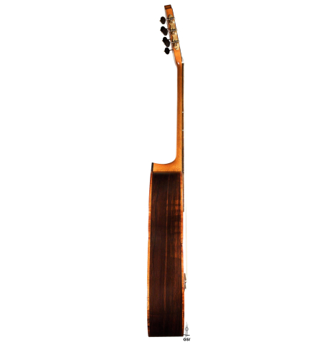 The side of a 2009 Fabio Ragghianti classical guitar made of spruce and CSA rosewood