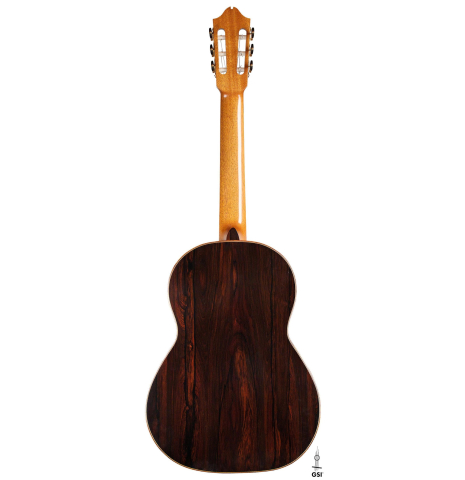 The back of a 2009 Fabio Ragghianti classical guitar made of spruce and CSA rosewood
