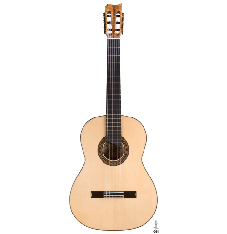 The front of a 2022 Raimundo Signature Edition “Tatyana Ryzhkova Black Limba” classical guitar made with spruce top
