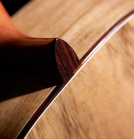 The heel and back of a 2022 Raimundo Signature Edition “Tatyana Ryzhkova Black Limba” classical guitar made with cedar top The heel and back of a 2022 Raimundo Signature Edition “Tatyana Ryzhkova Black Limba” classical guitar made with cedar top