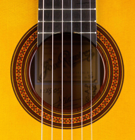 The rosette of a 2016 Jose Ramirez "1a C650-AP" classical guitar made of spruce and CSA rosewood
