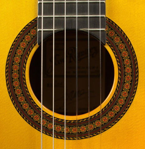 The rosette of a 2009 Jose Ramirez "Centenario" classical guitar made of spruce and CSA rosewood