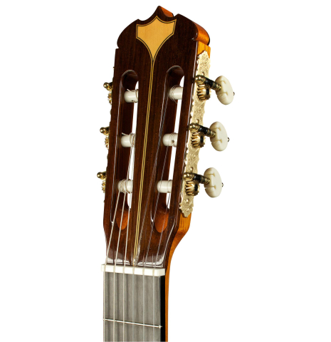 The headstock of a 2009 Jose Ramirez "Centenario" classical guitar made of spruce and CSA rosewood