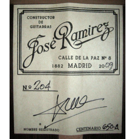 The label of a 2009 Jose Ramirez "Centenario" classical guitar made of spruce and CSA rosewood