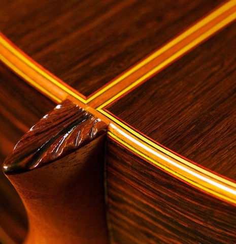 The heel, sides, back bindings and purflings of a 2009 Jose Ramirez "Centenario" classical guitar made of spruce and CSA rosewoods